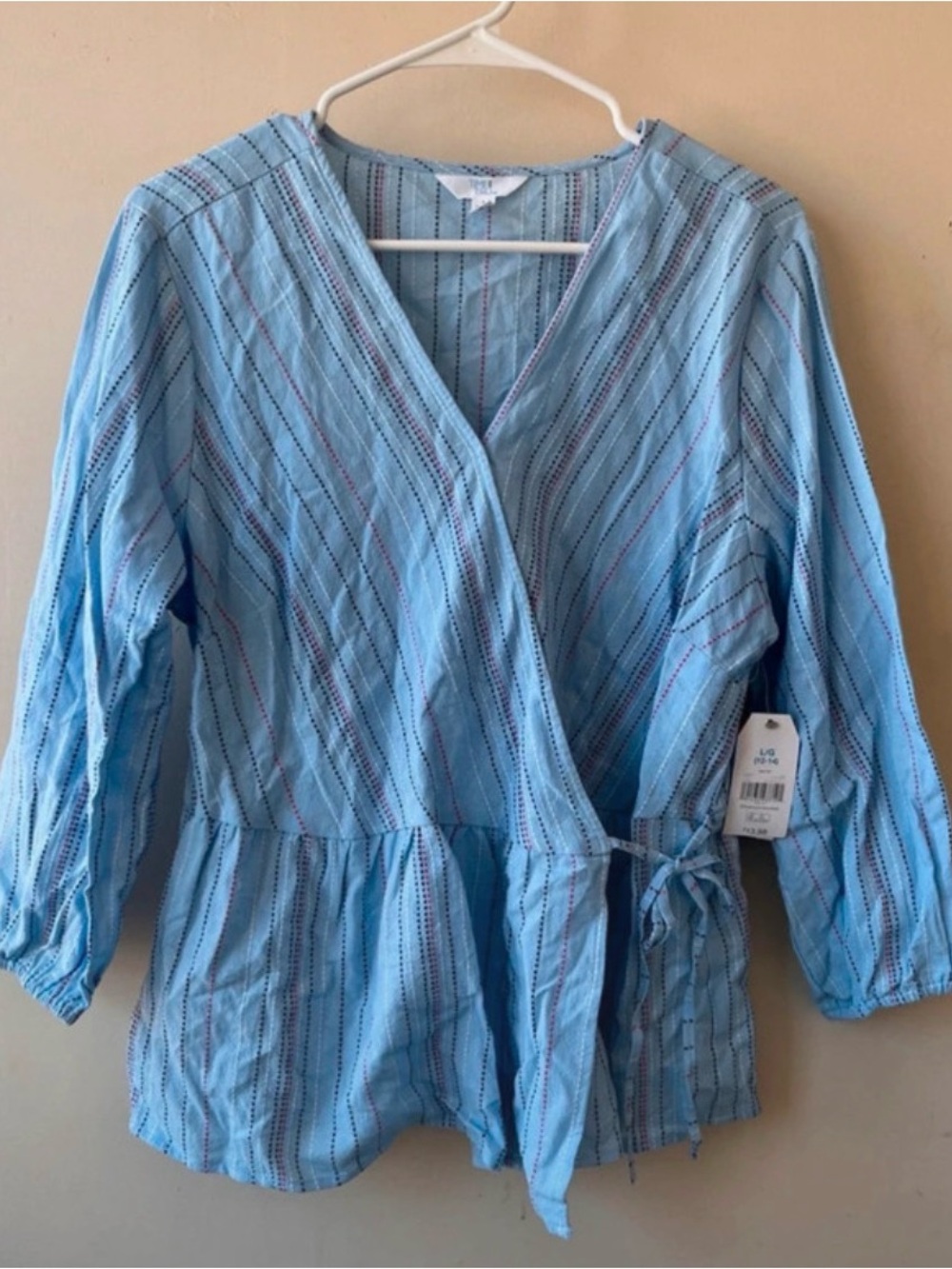 Time and Tru Light Blue Striped Wrap Peplum Blouse